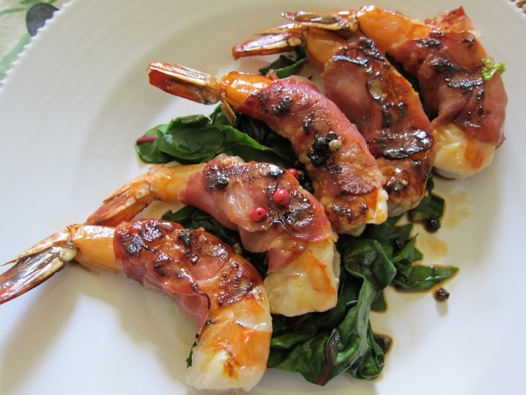 Grilled Scampi with Pancetta and Balsamic Vinegar and Honey Glaze